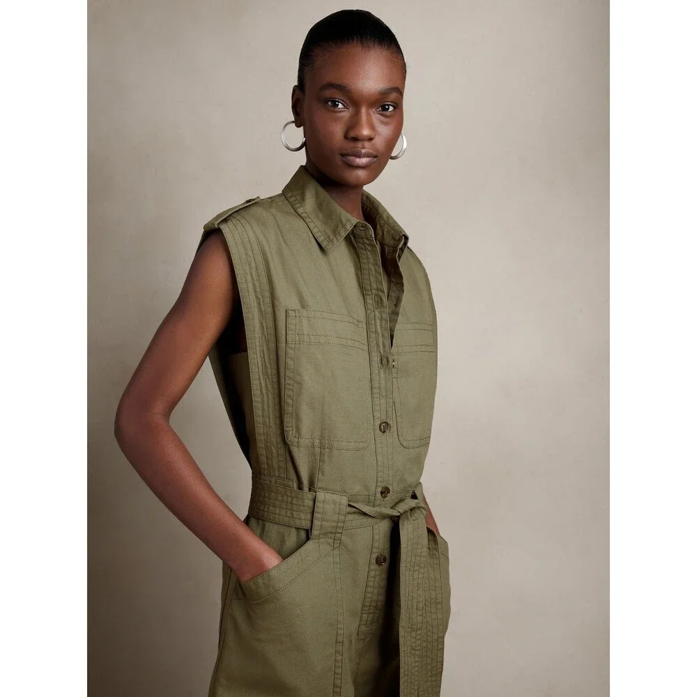 Banana Republic Womens Linen Blend Utility Jumpsuit Green Safari Casual NWOT